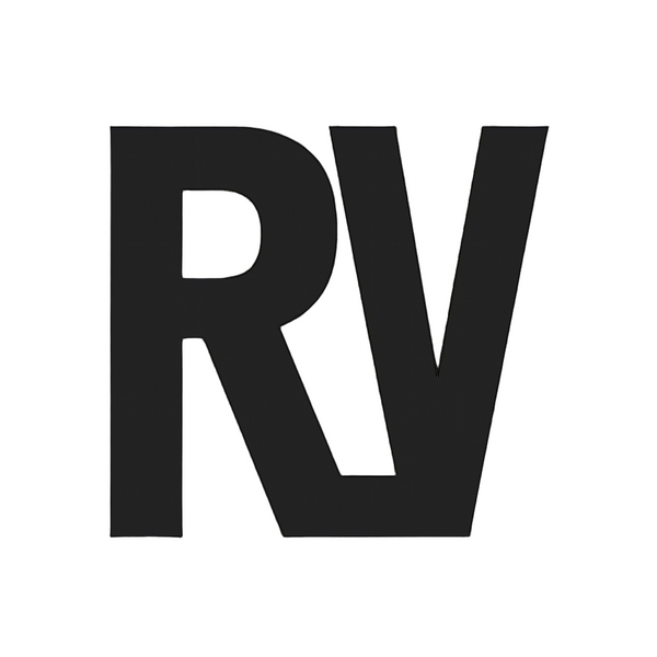 Black 'RV' logo on a white background